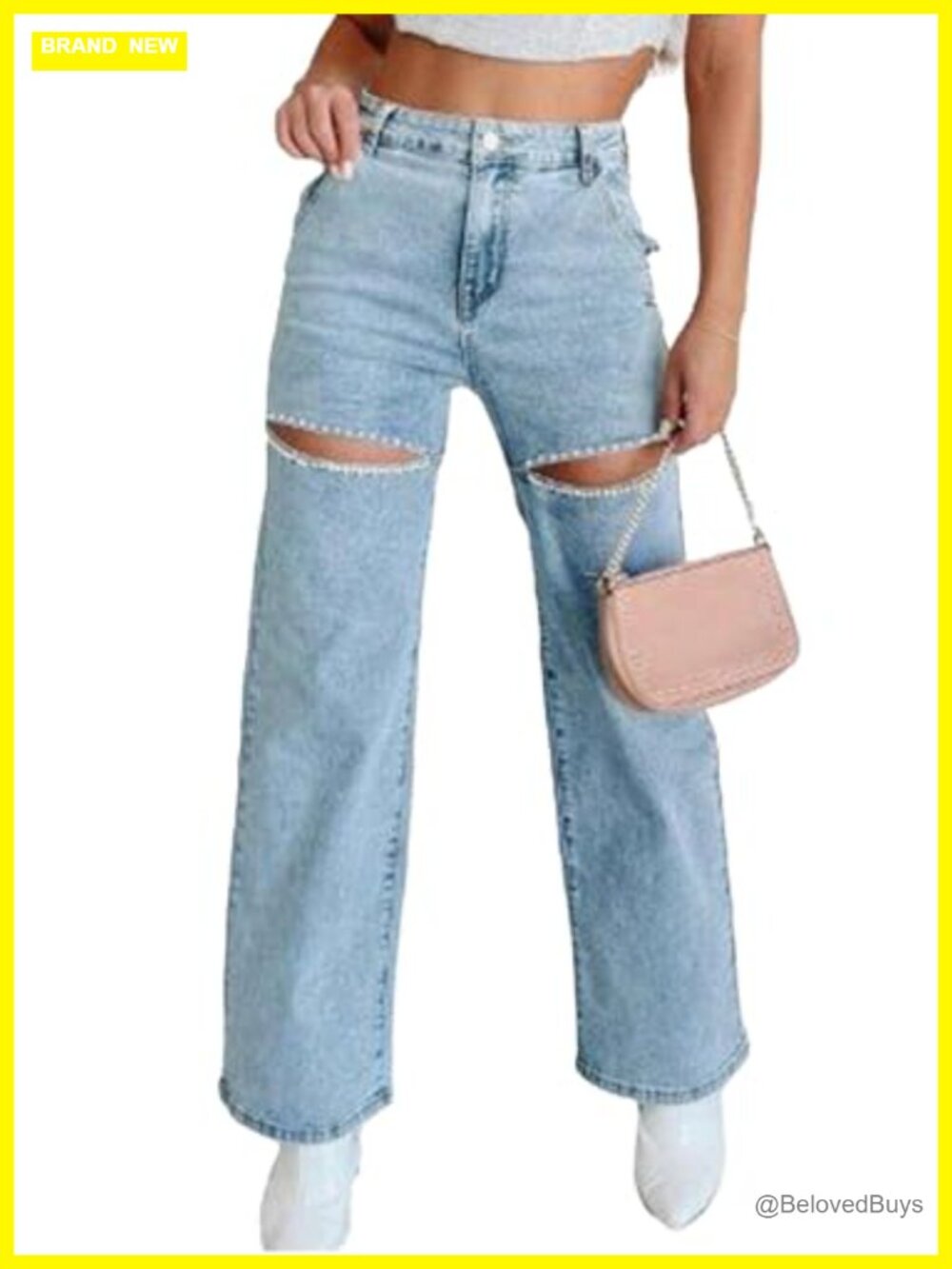 Women High Waist Ripped Baggy Jeans Rhinestone Trim Bling Y2K Wide Leg